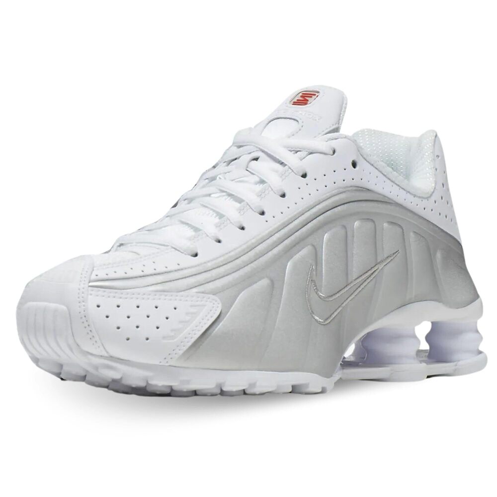 Nike Women's Shox R4 Trainers Shoes ,White Metallic Silver Max Orange 5.5